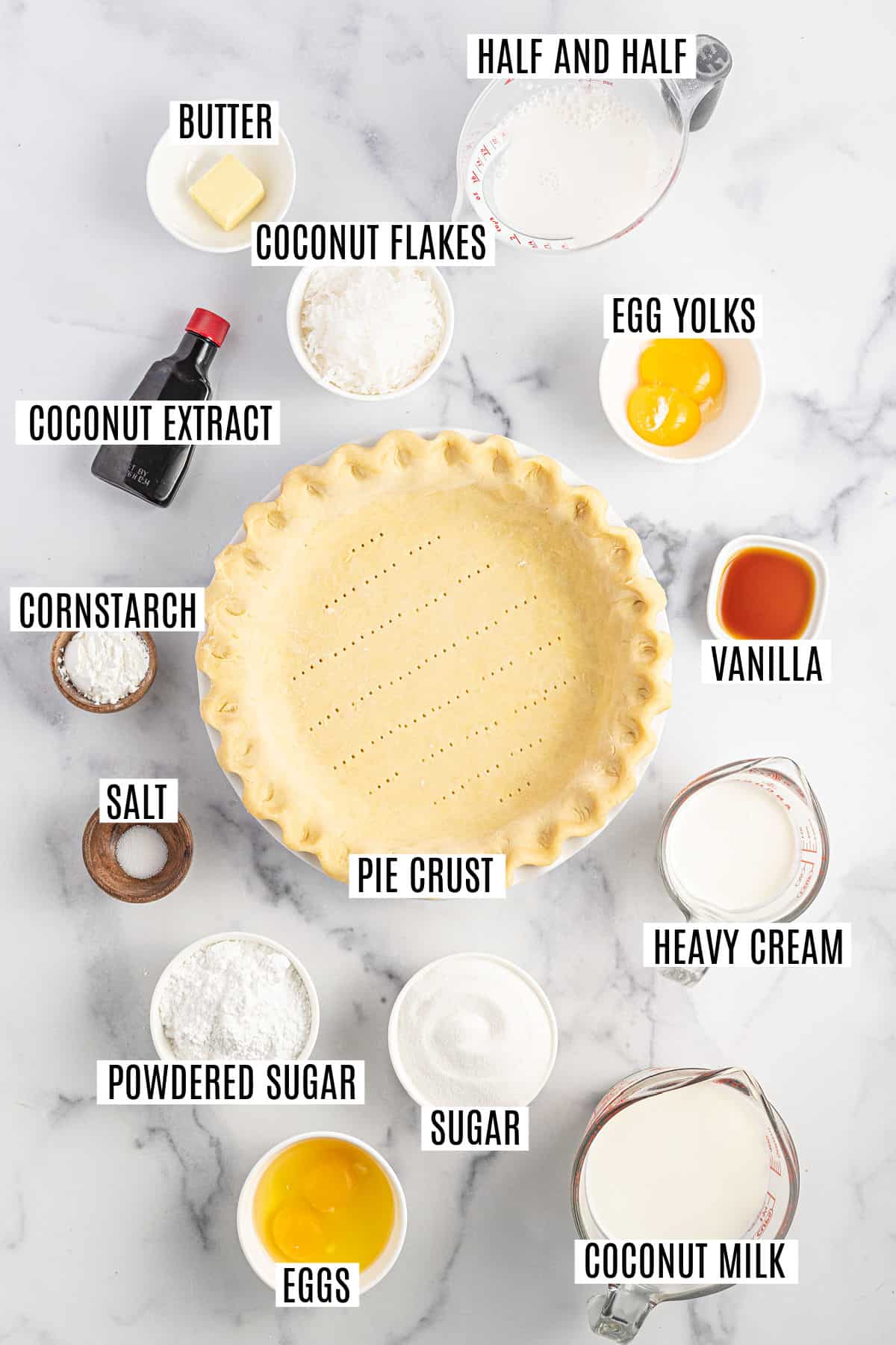 Ingredients needed to make coconut cream pie.
