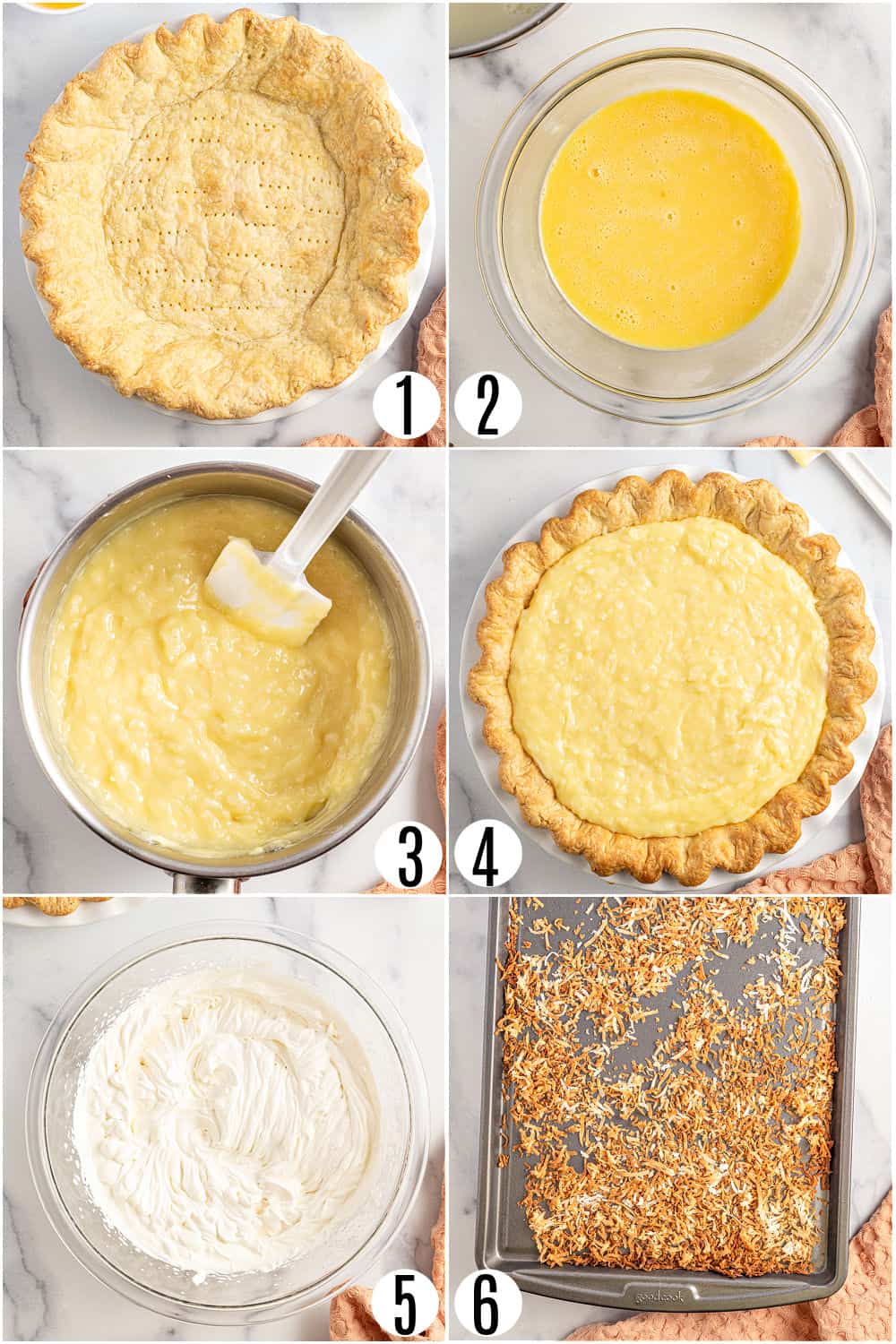 Step by step photos showing how to make coconut cream pie.