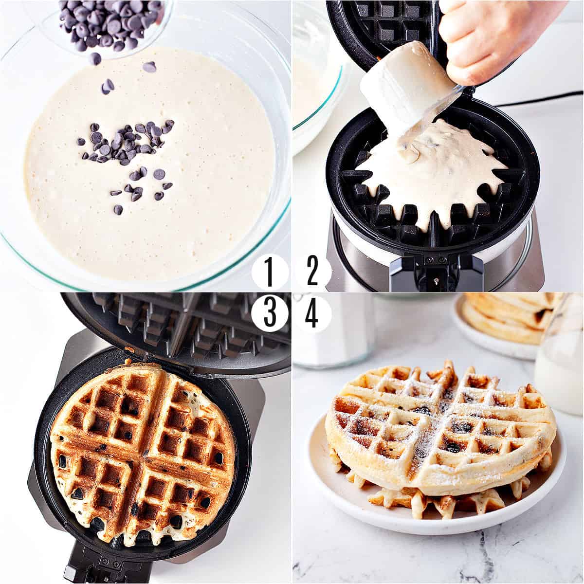 Step by step photos showing how to make chocolate chip waffles.