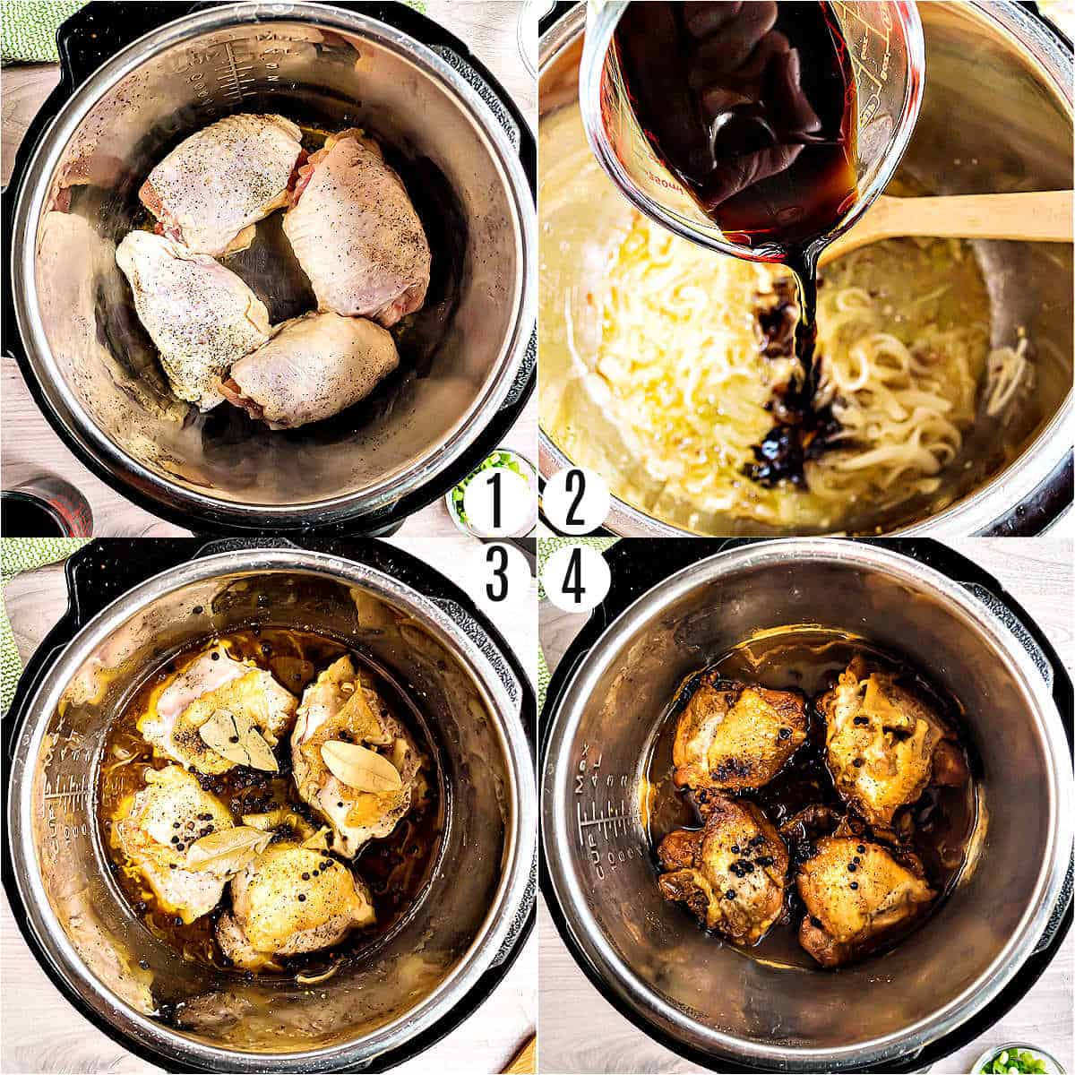 Step by step photos showing how to make instant pot chicken adobo.
