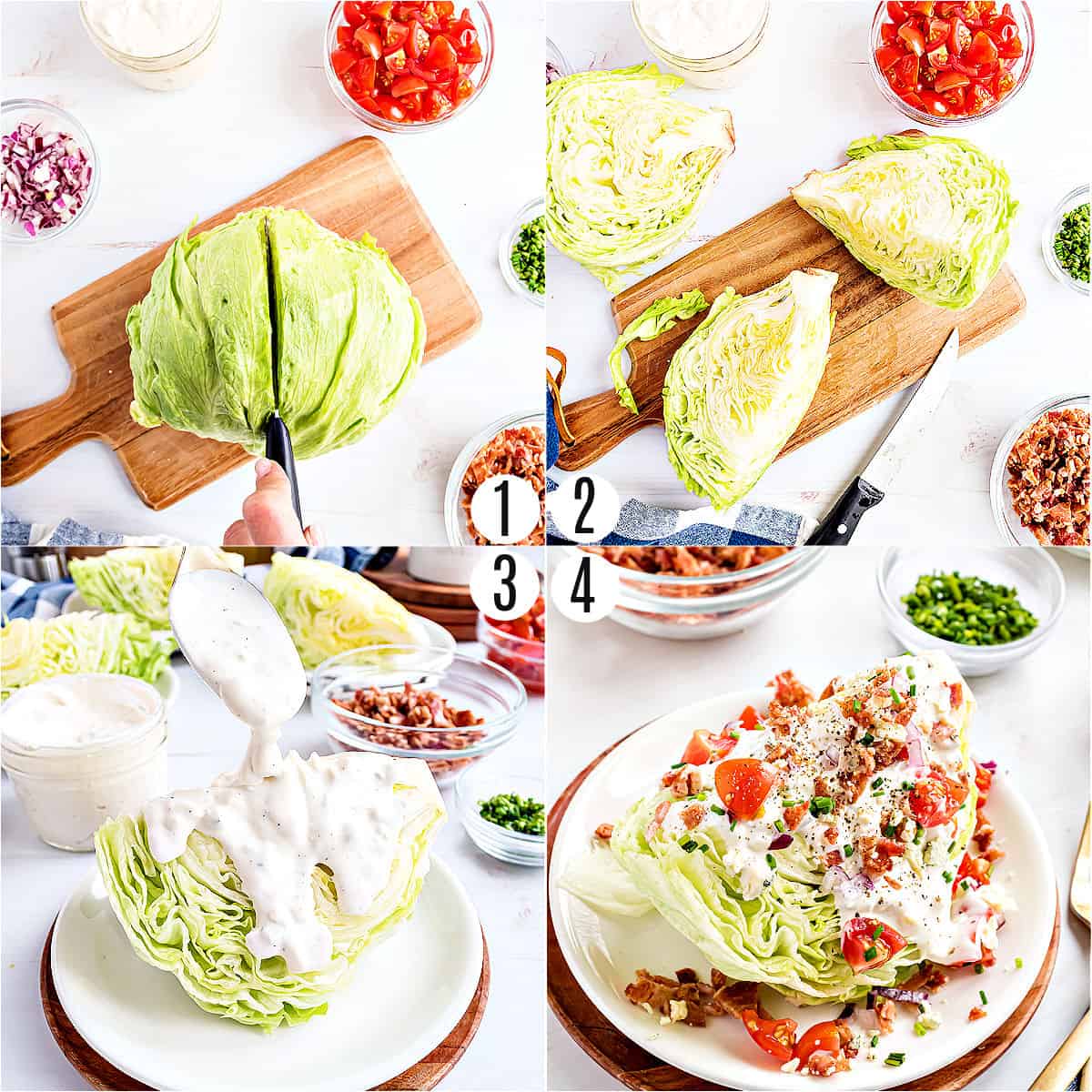 Step by step photos showing how to make a wedge salad.