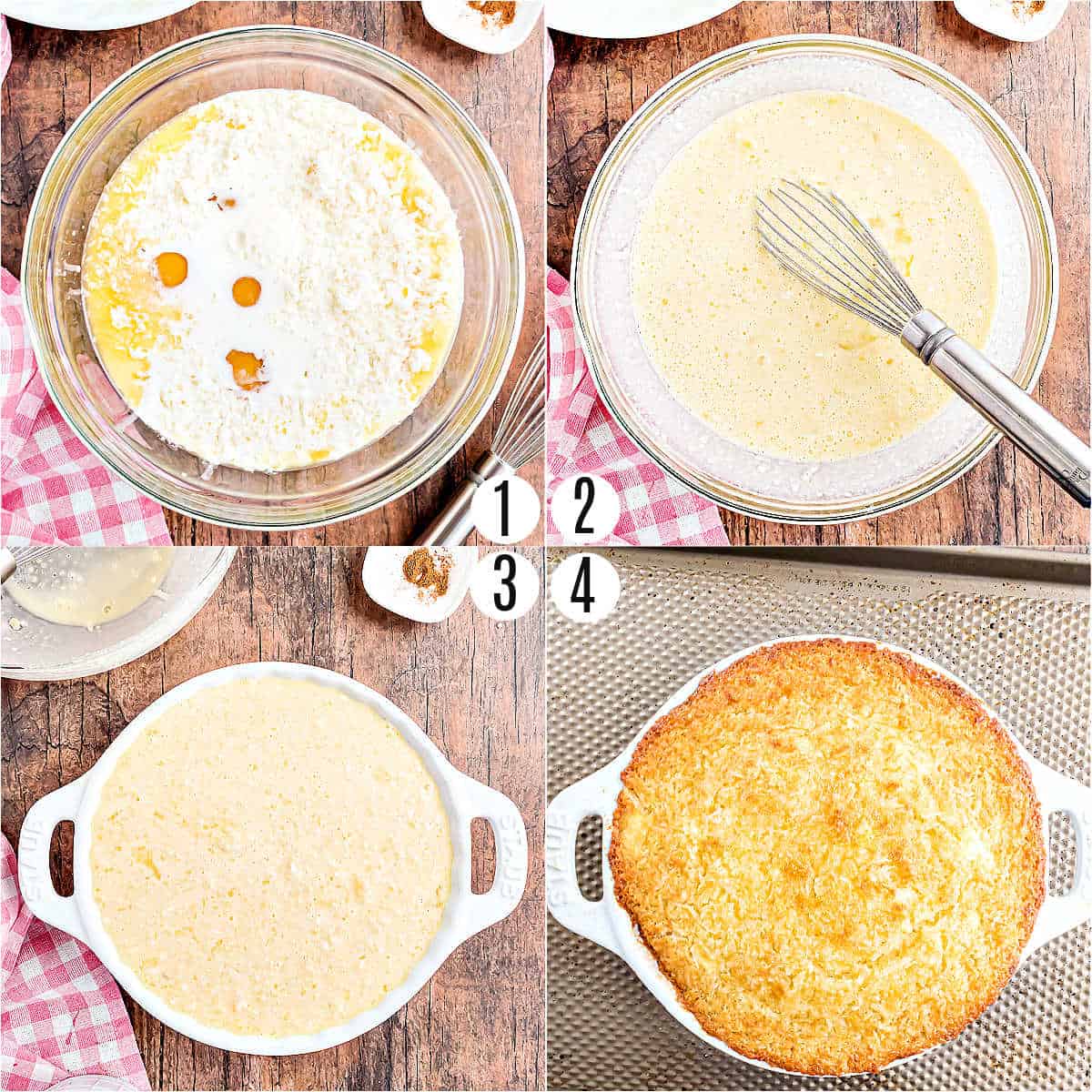 Step by step photos showing how to make coconut pie.