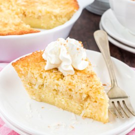 Homemade Impossible Coconut Pie is rich, flavorful, and about as simple as an indulgent dessert can get. It’s exceptionally custardy, packed with coconut and a hint of nutmeg. We love how easy it is to make!