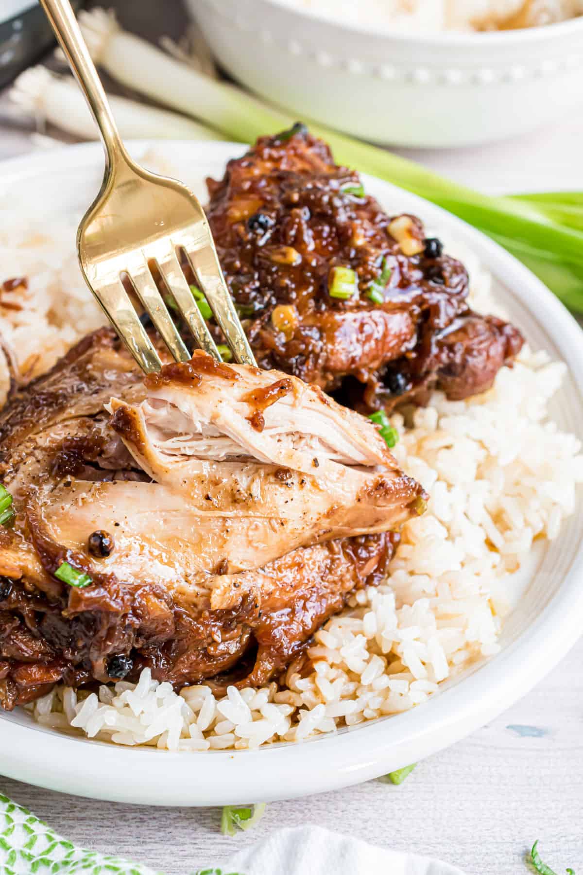 Piece of chicken adobo on a plate with rice.