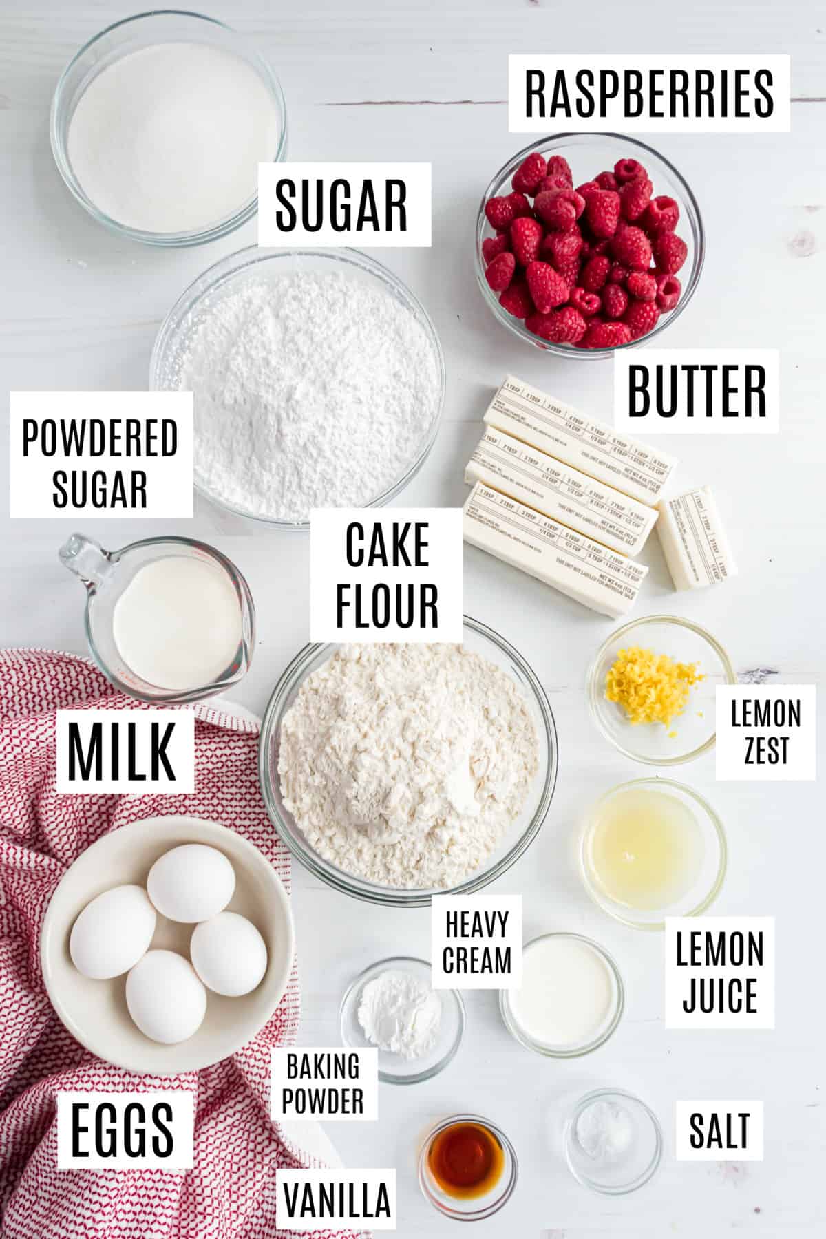 Ingredients needed to make raspberry lemon cake.