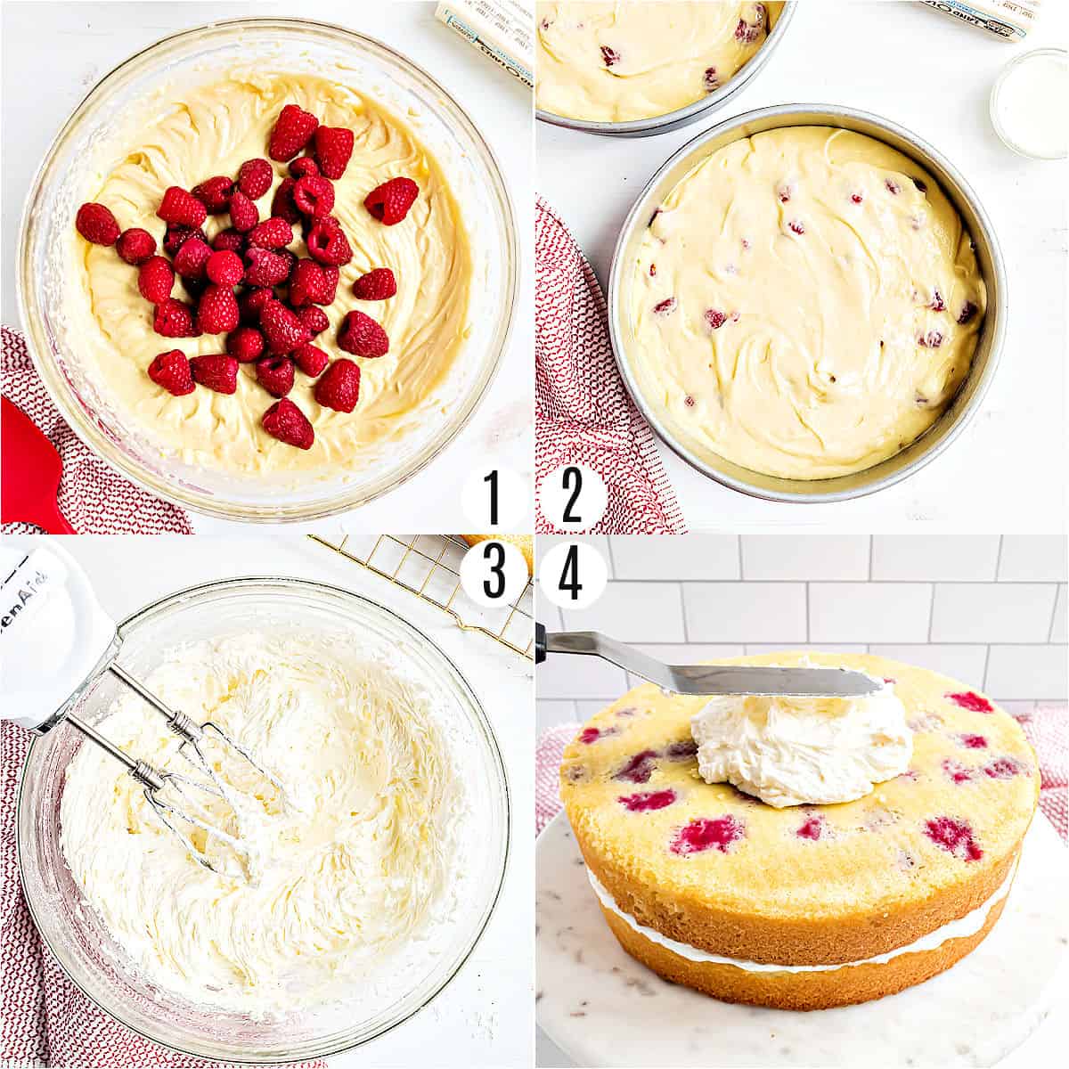 Step by step photos showing how to make raspberry lemon cake.