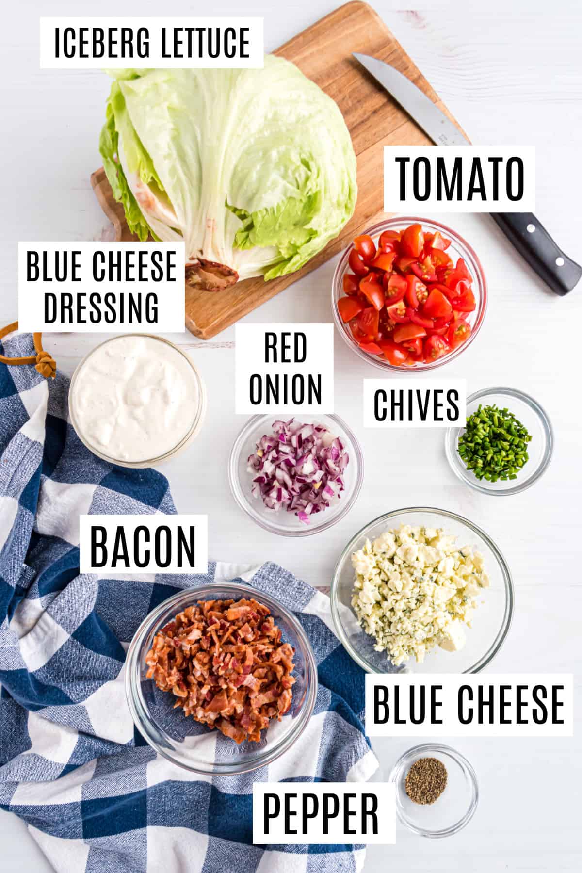Ingredients needed to make a classic wedge salad.