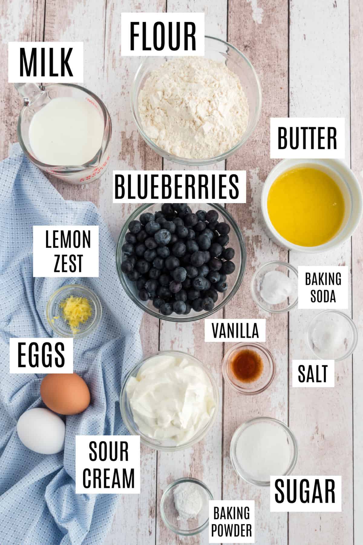 Ingredients needed to make blueberry pancakes.