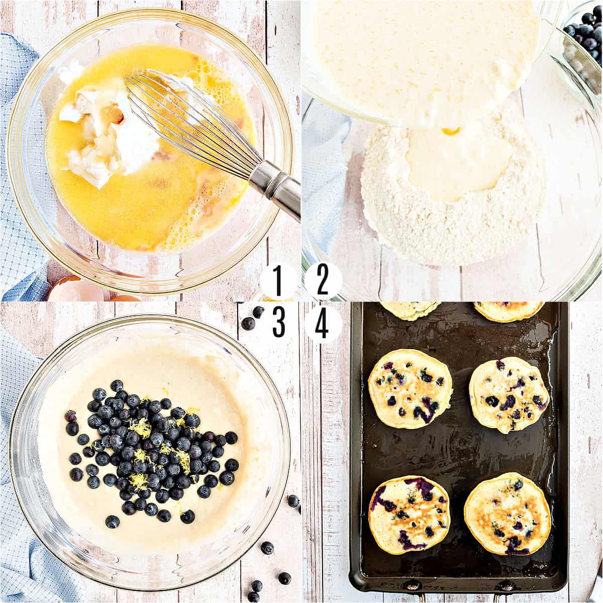 Step by step photos showing how to make blueberry pancakes.