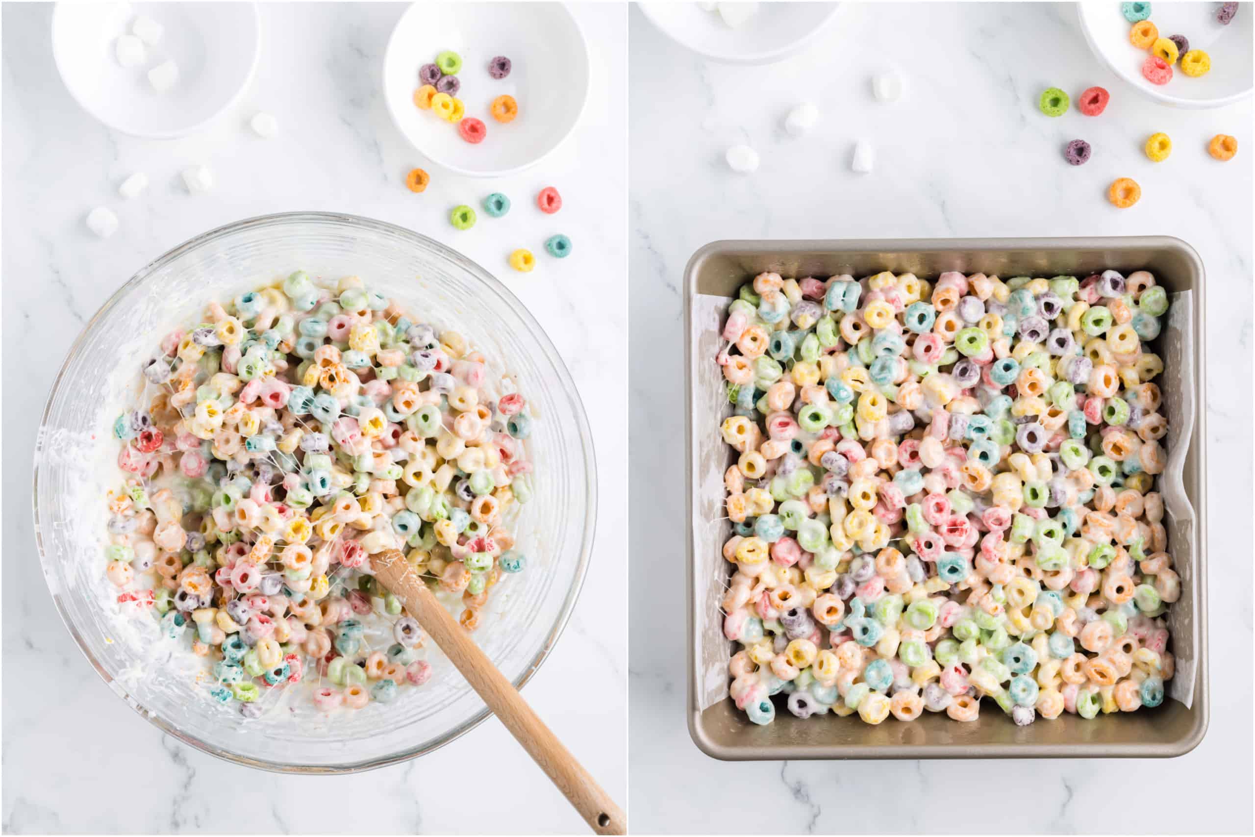 Step by step photos showing how to make froot loops.