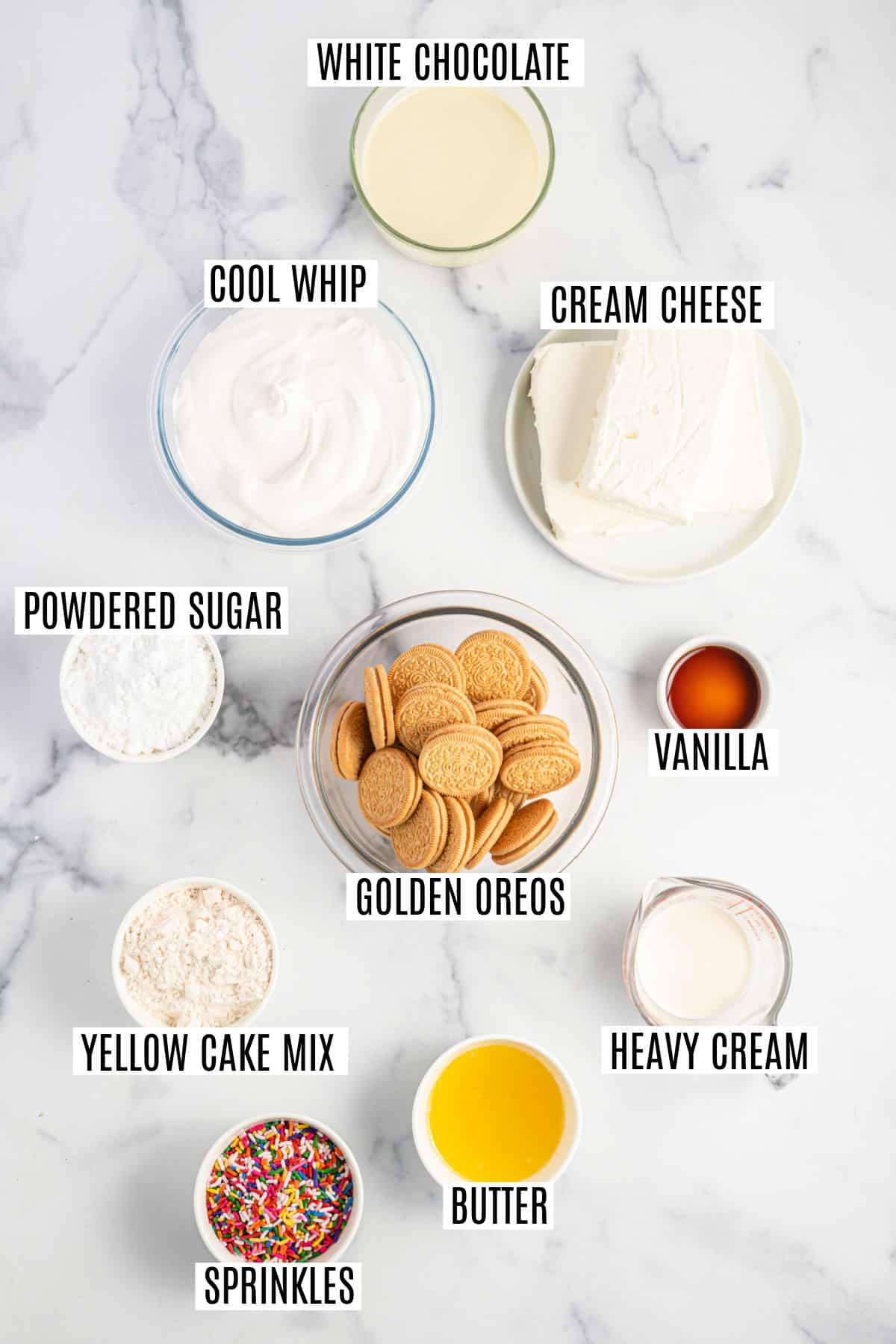 Ingredients needed to make funfetti cheesecake.
