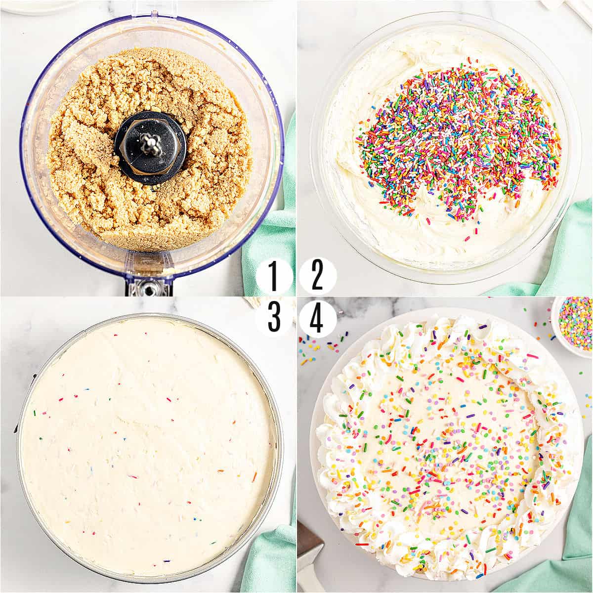 Step by step photos showing how to make no bake funfetti cheesecake.