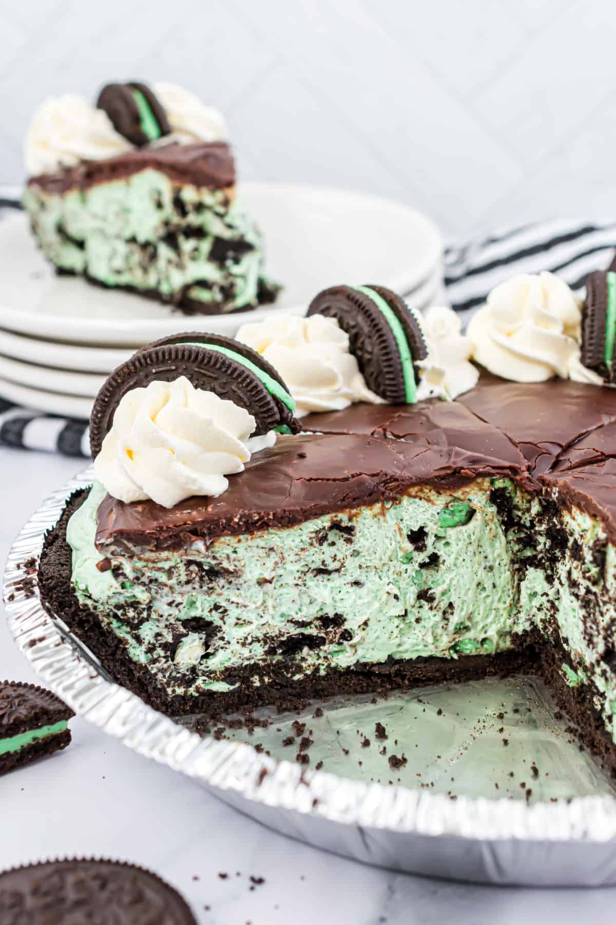 Mint oreo cheesecake with chocolate ganache.