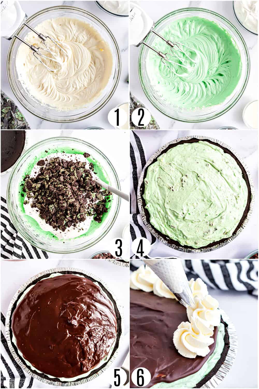 Step by step photos showing how to make a grasshopper pie.