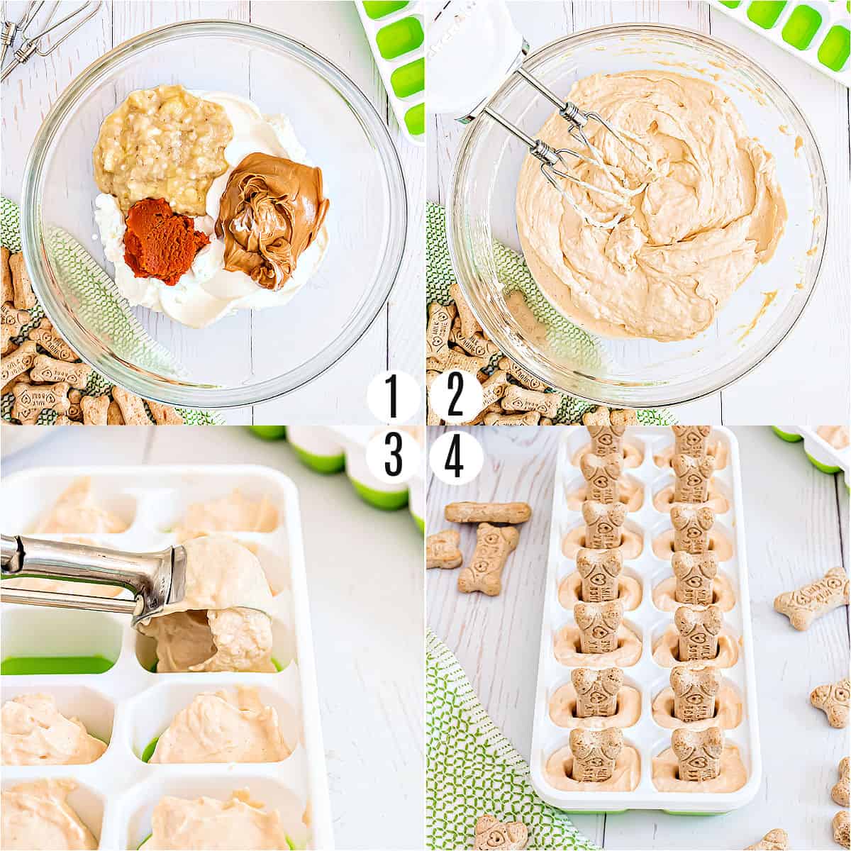 Step by step photos showing how to make dog ice cream pops.