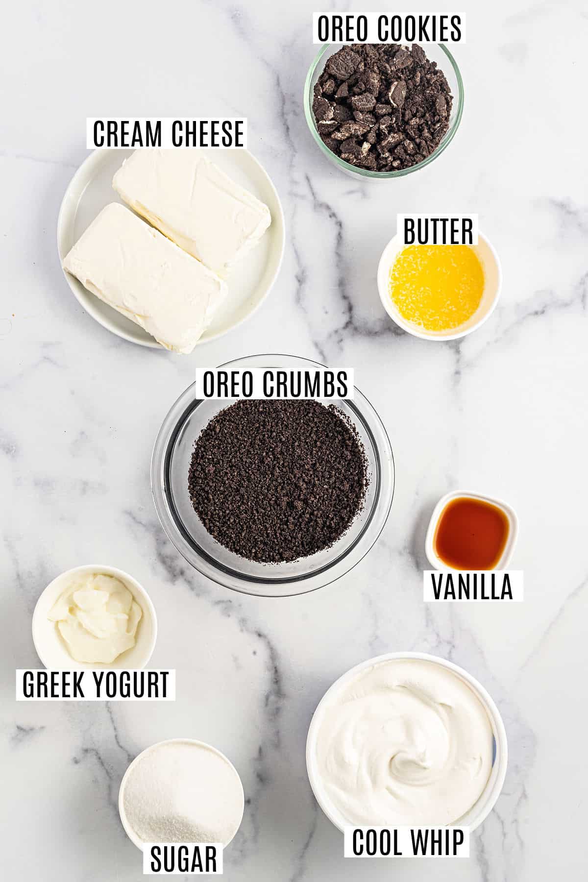 Ingredients needed to make mini oreo cheesecakes.