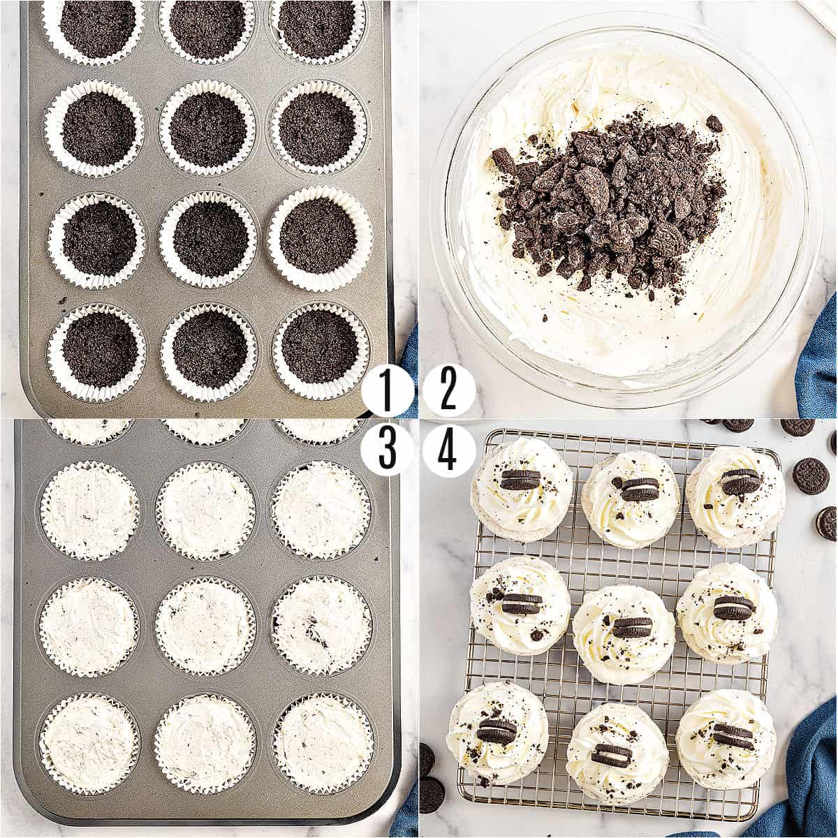 Step by step photos showing how to make mini oreo cheesecakes.