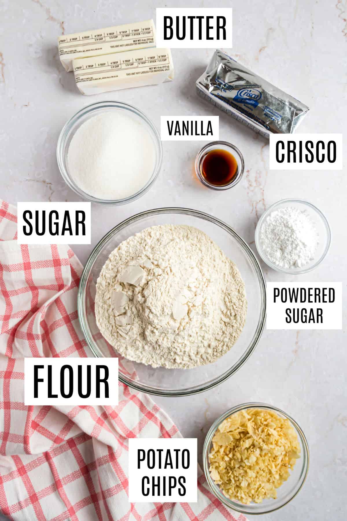 Ingredients needed to make potato chip cookies.