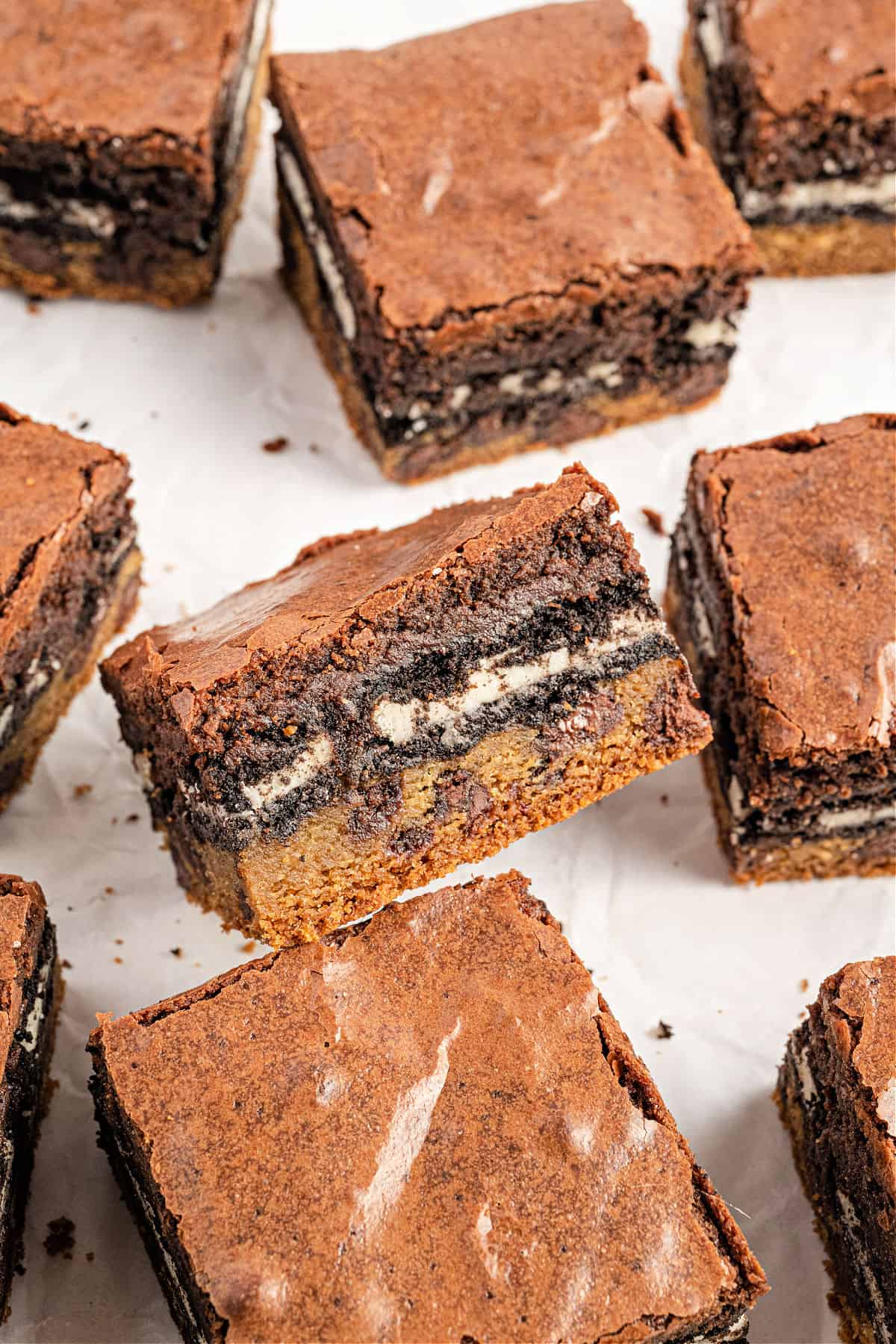 Chocolate chip cookie brownies cut into bars.