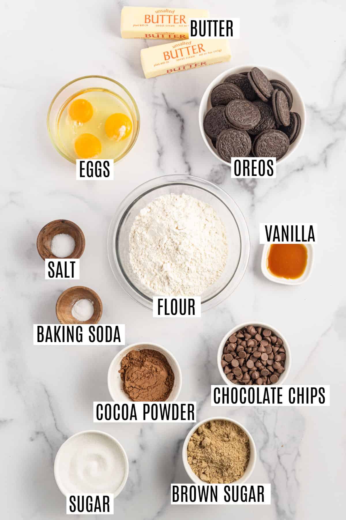 Ingredients needed to make slutty brownies.
