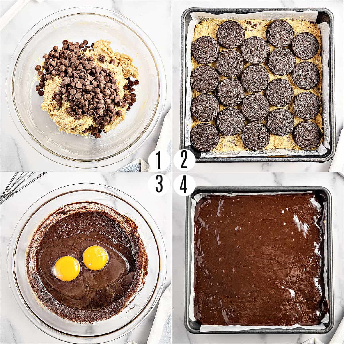 Step by step photos showing how to make slutty brownies.