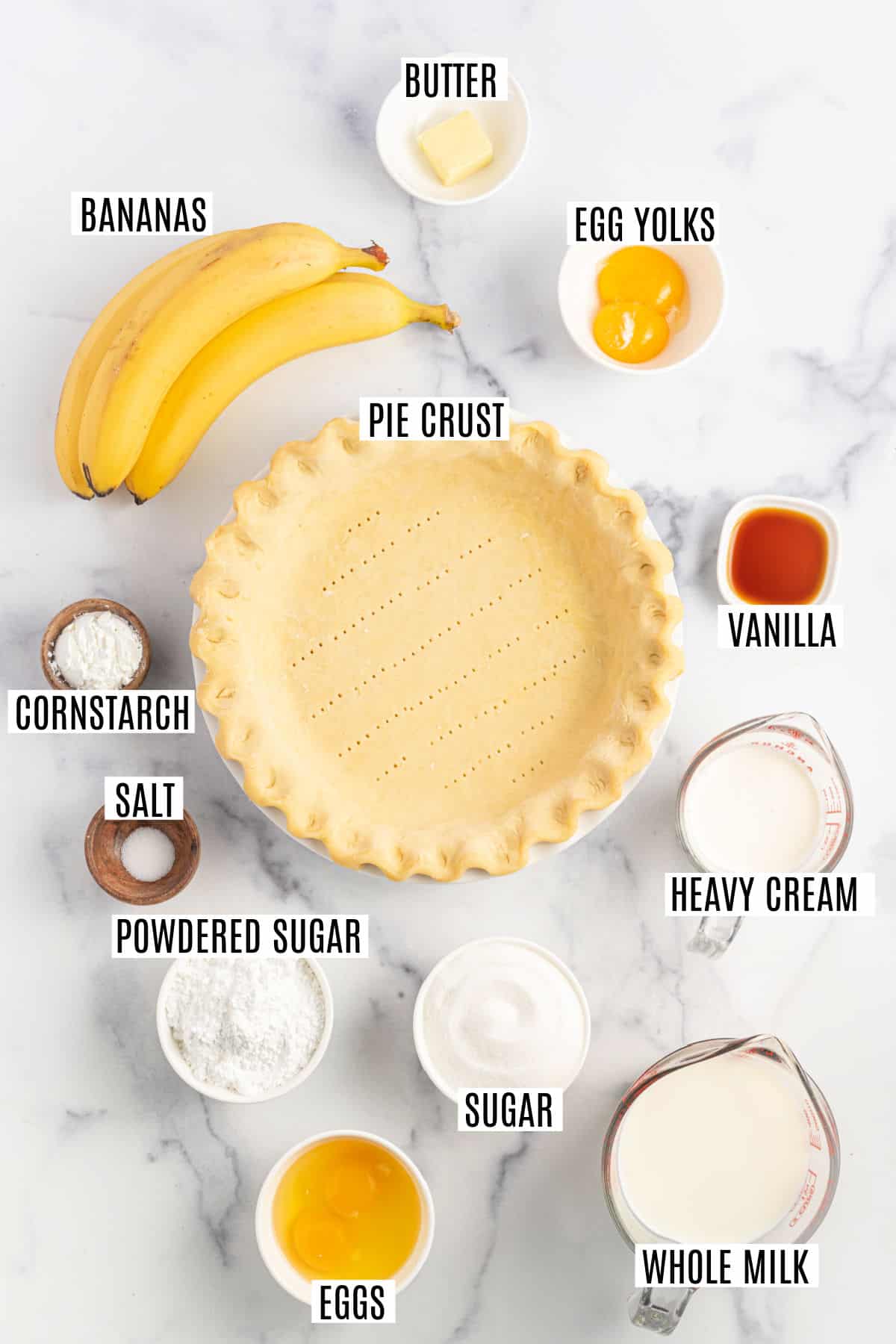Ingredients needed to make banana cream pie.