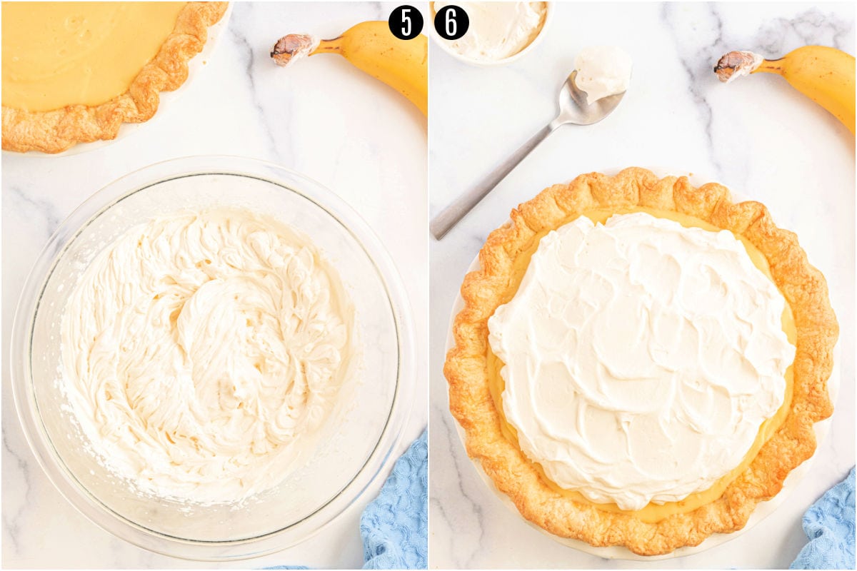 Step by step photos showing how to top a banana pie.