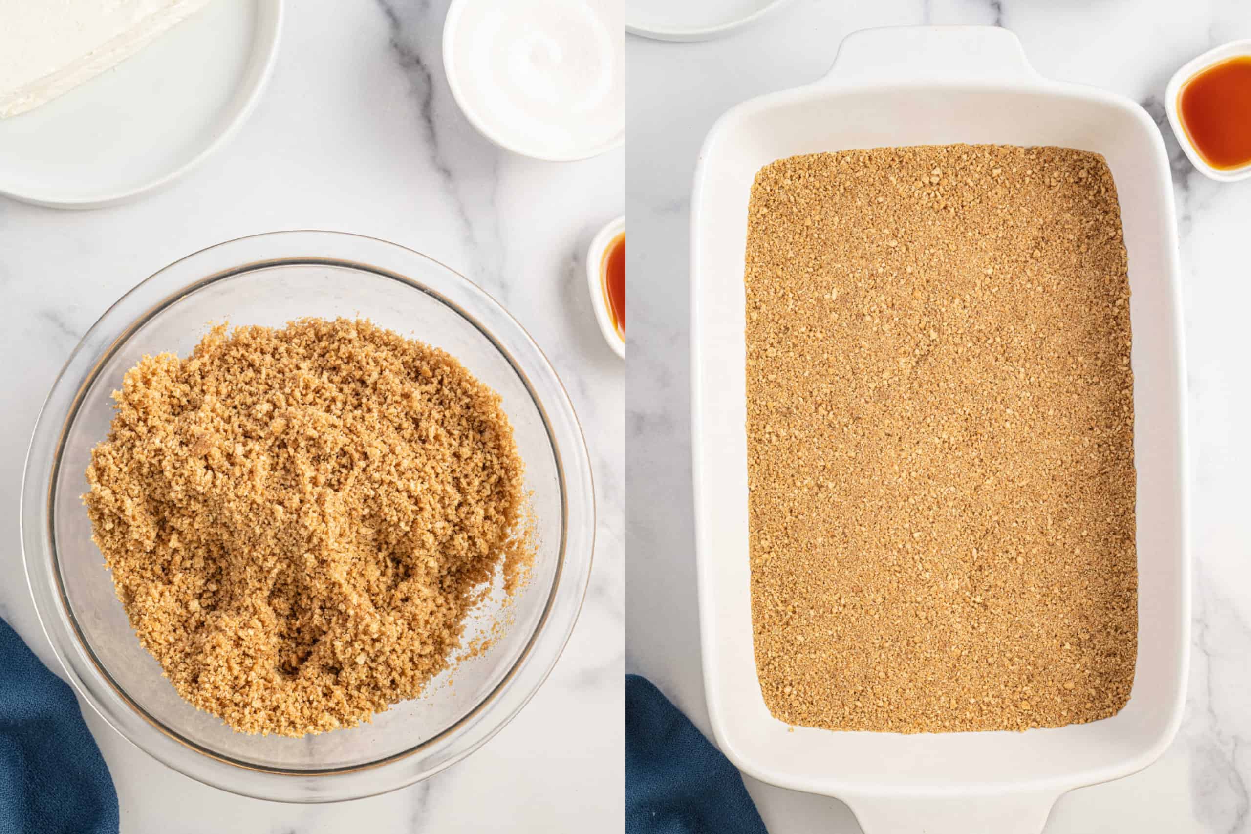 Step by step photos showing how to make graham cracker crust for apple delight.