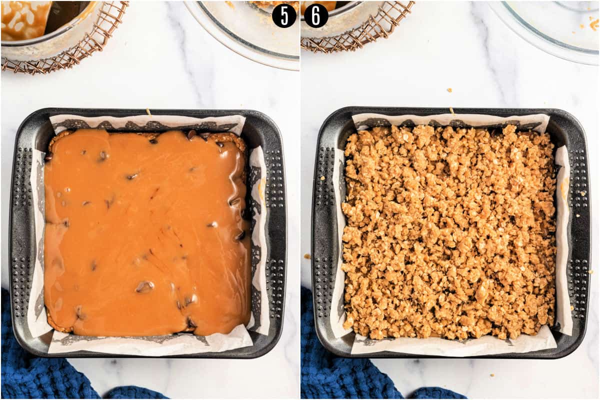 Step by step photos showing how to layer caramelita bars.