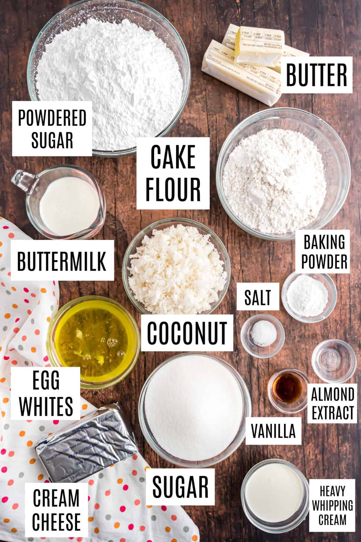 Ingredients needed to make coconut cupcakes.