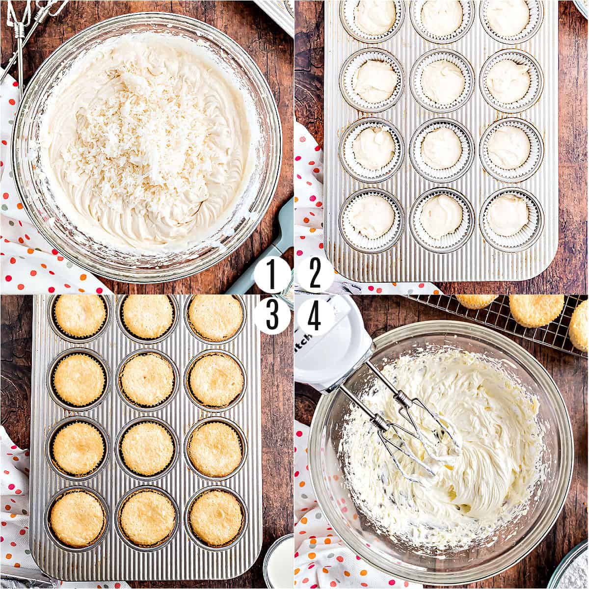 Step by step photos showing how to make coconut cupcakes.