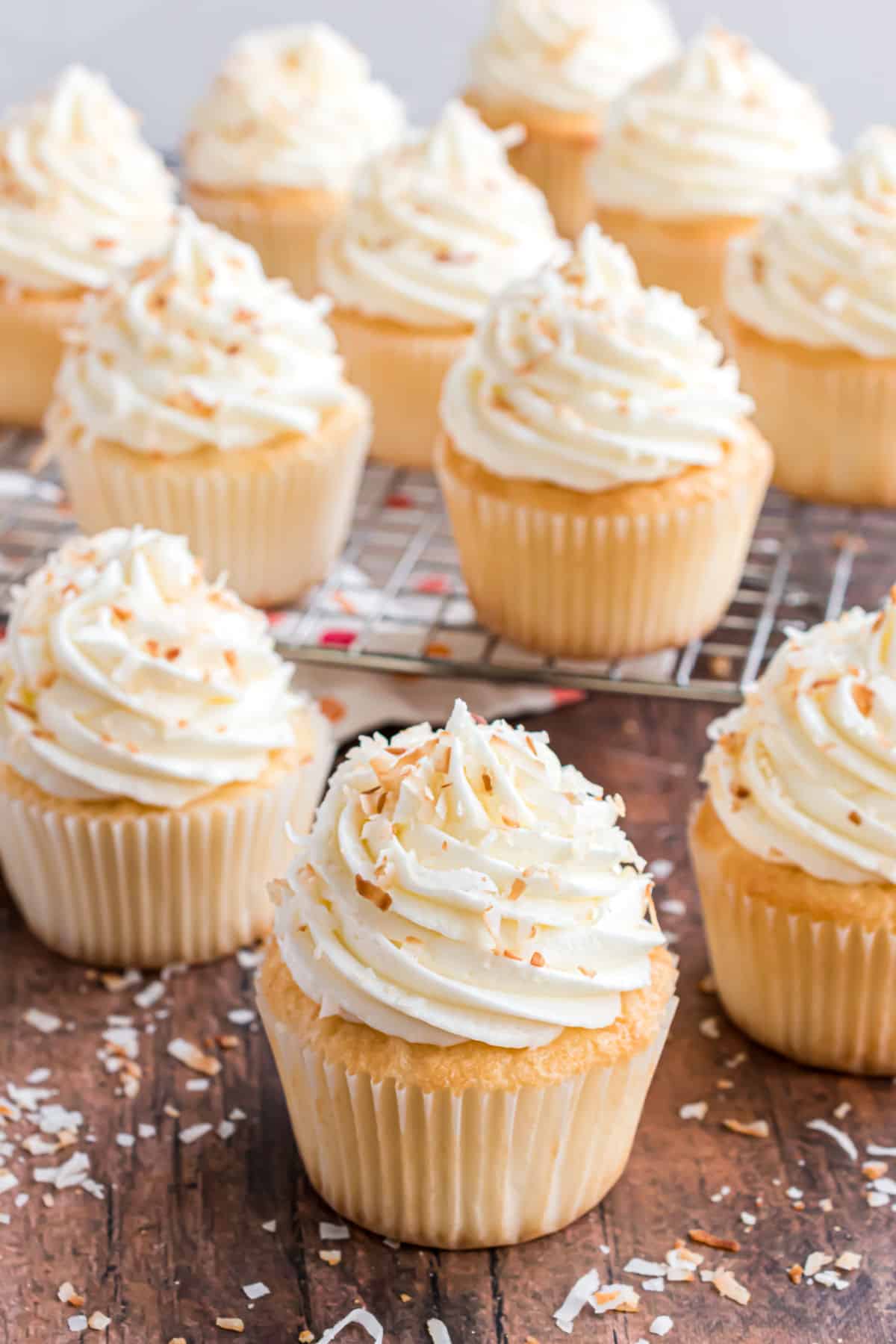 Toasted coconut topped cupcakes.