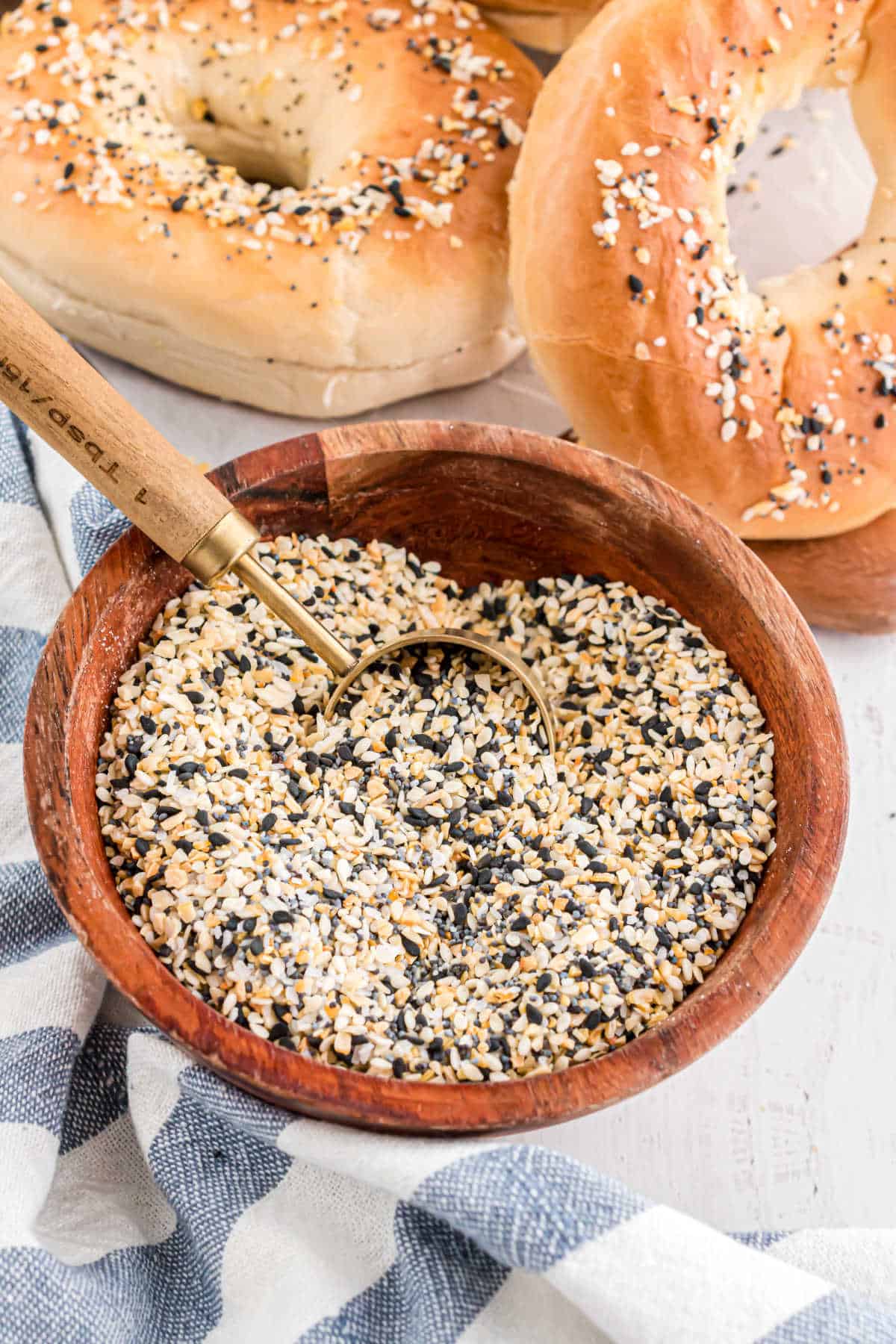 Wooden bowl with homemade everything bagel seasoning mix.