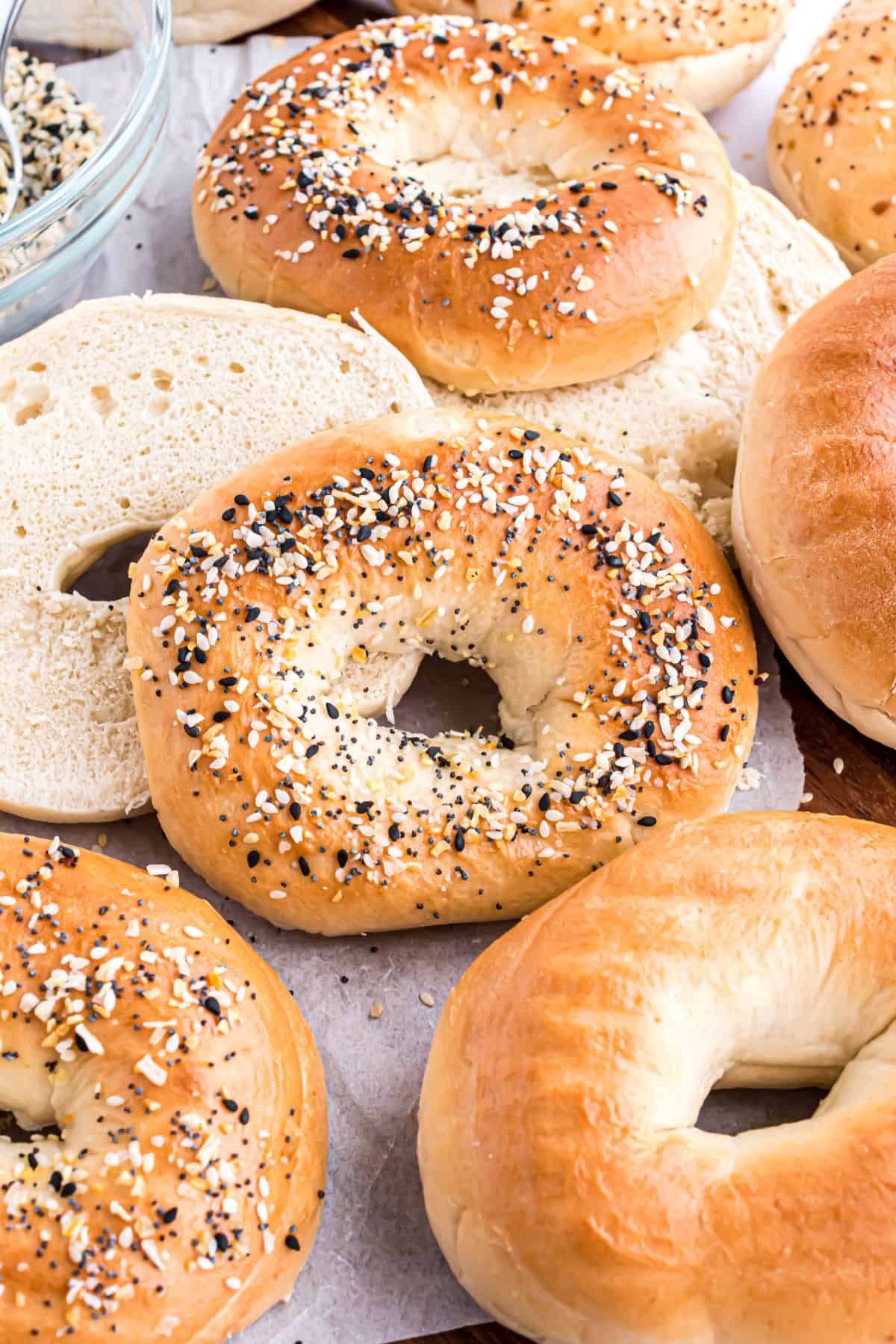 Plain bagels topped with homemade everything seasoning mix.