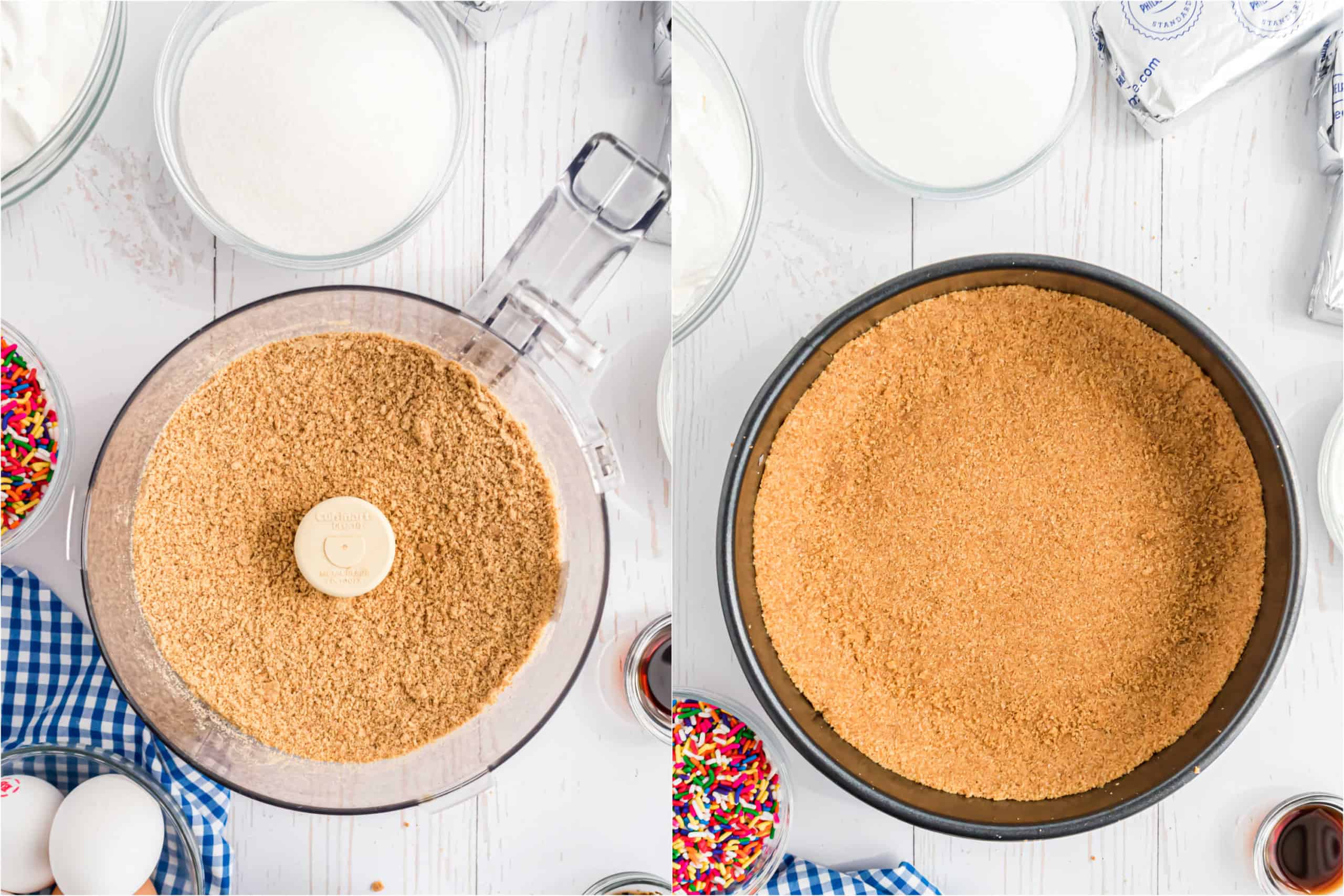 Step by step photos showing how to make cheesecake crust.