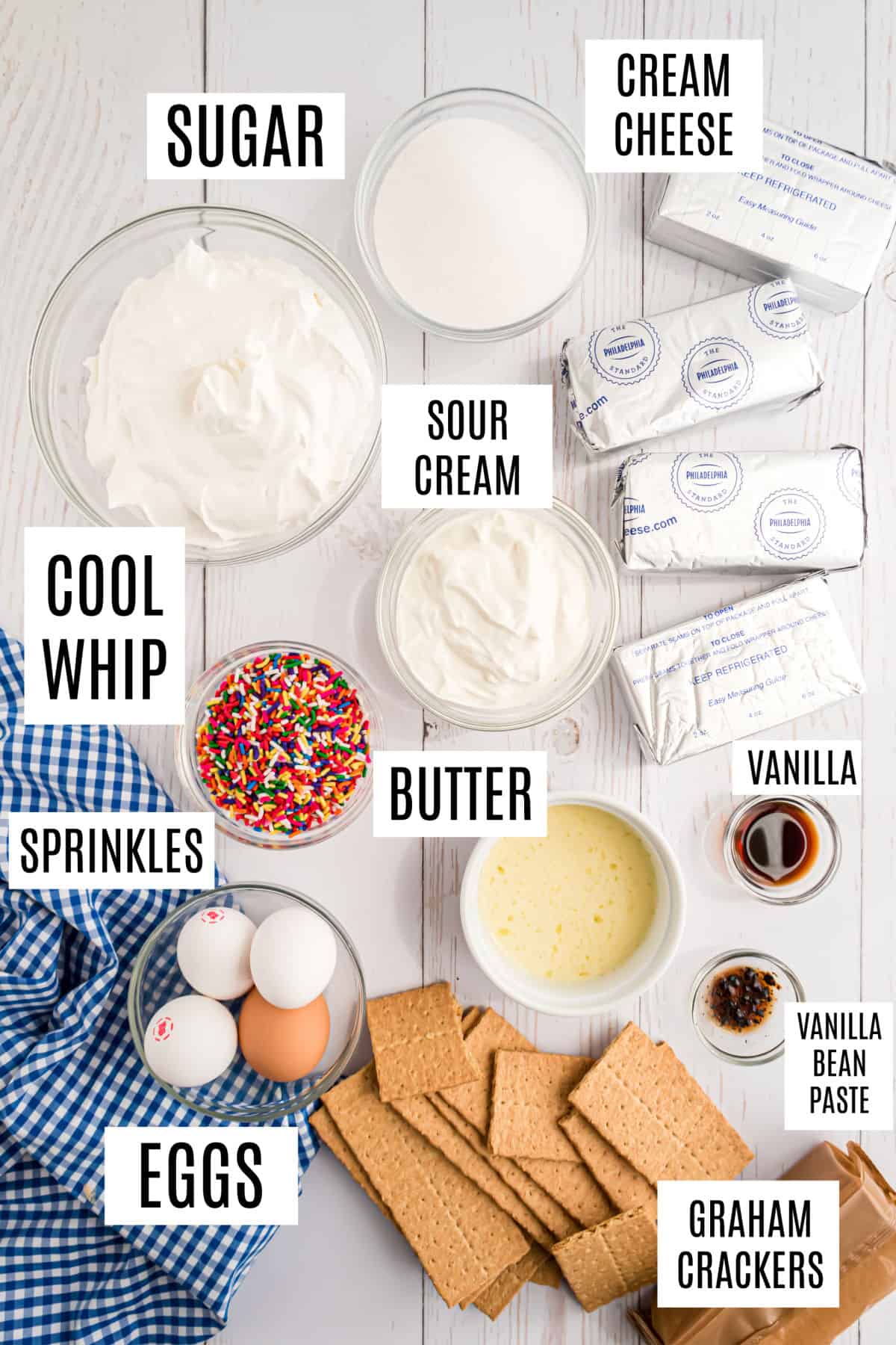 Ingredients needed to make funfetti cheesecake.