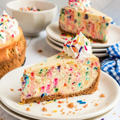 Funfetti Cheesecake is a sweet baked cheesecake, packed with sprinkles and vanilla flavor. You'll love the burst of color, which can be customized for any occasion!