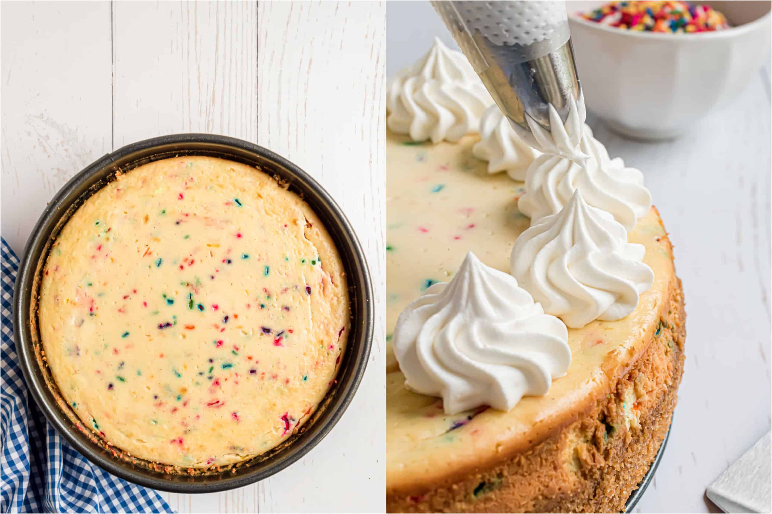 Step by step photos showing how to make cheesecake.