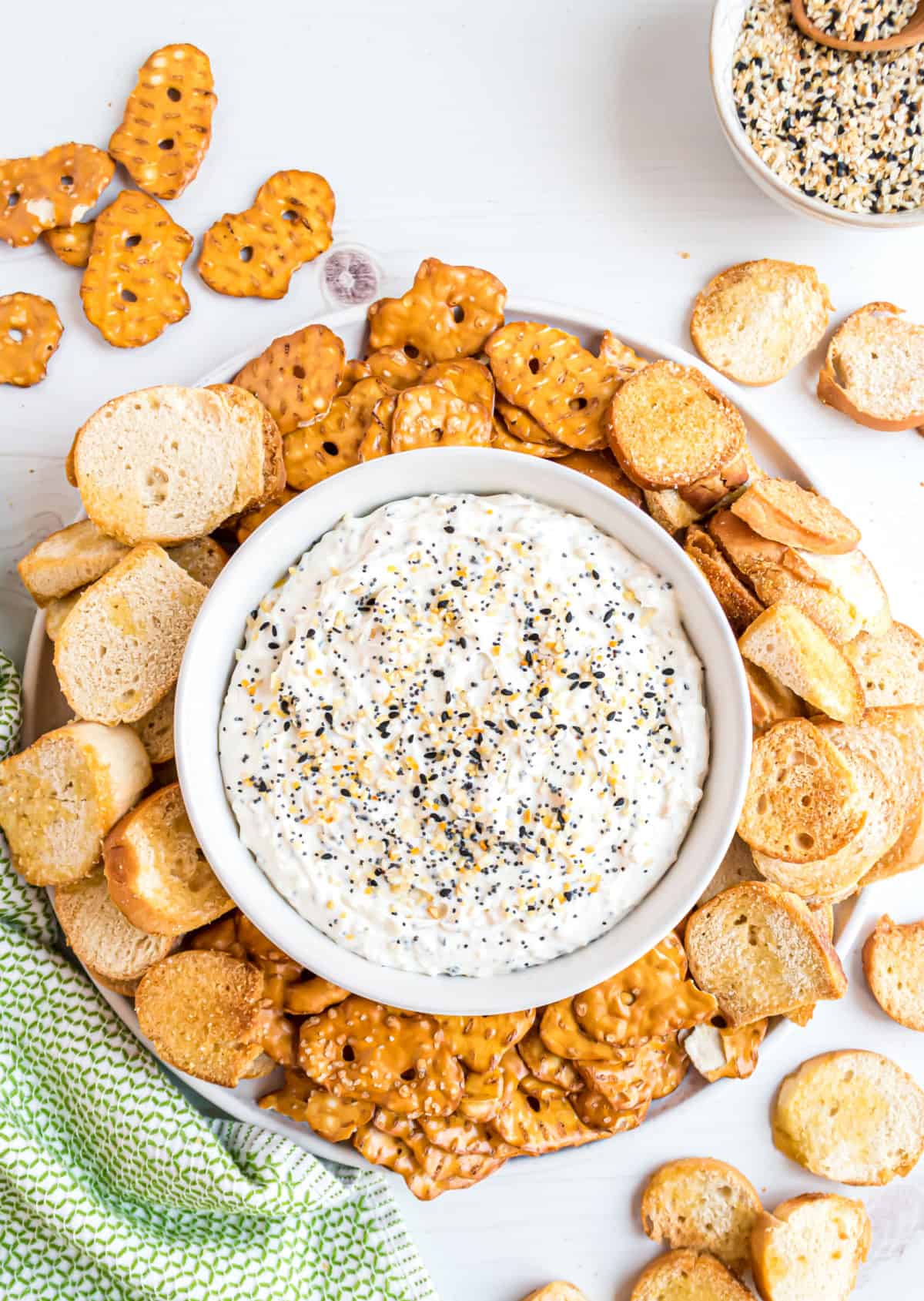 Homemade bagel chips served with everything bagel dip.