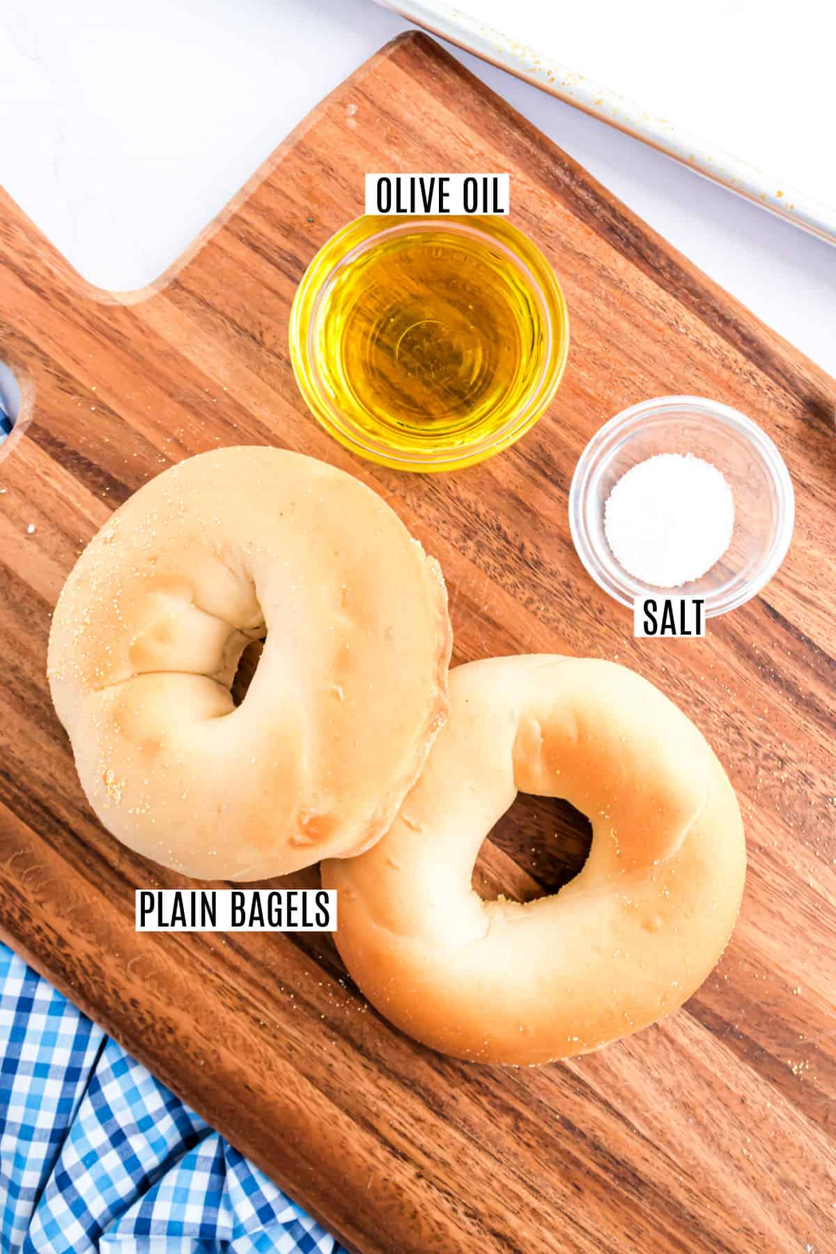 Ingredients needed to make homemade bagel chips.