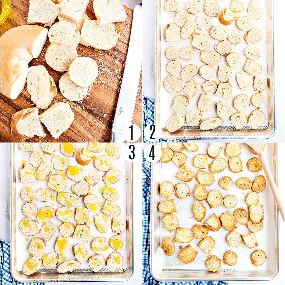 Step by step photos showing how to make homemade bagel chips.