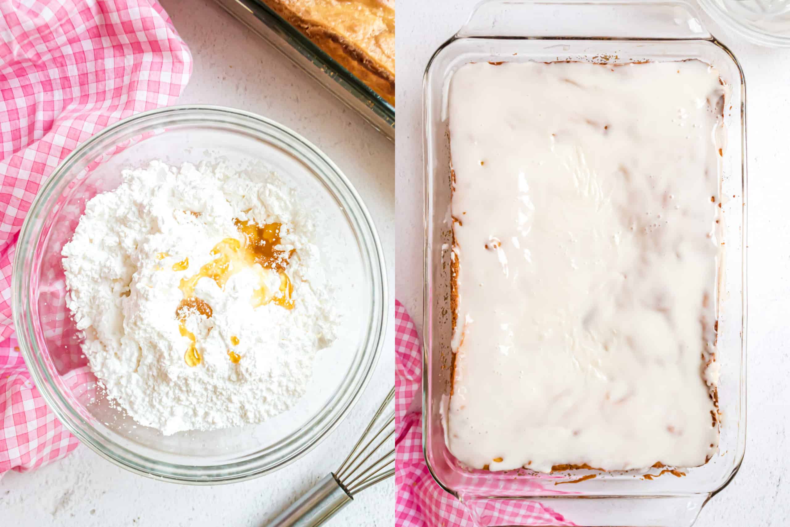 Step by step photos showing how to make icing for honey bun cake.