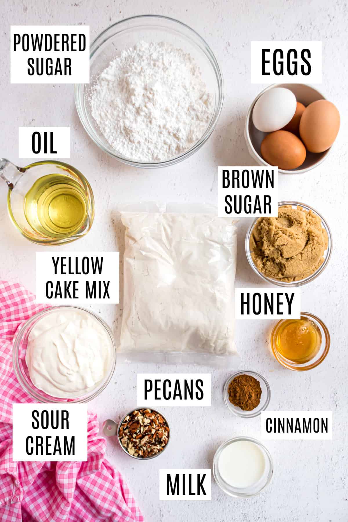 Ingredients needed to make homemade honey bun cake.