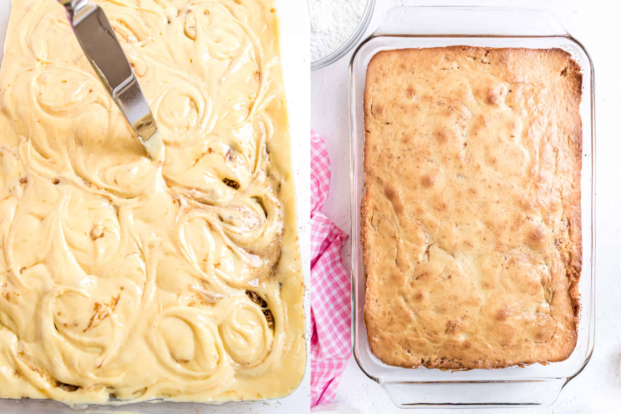 Step by step photos showing how to swirl cake batter.