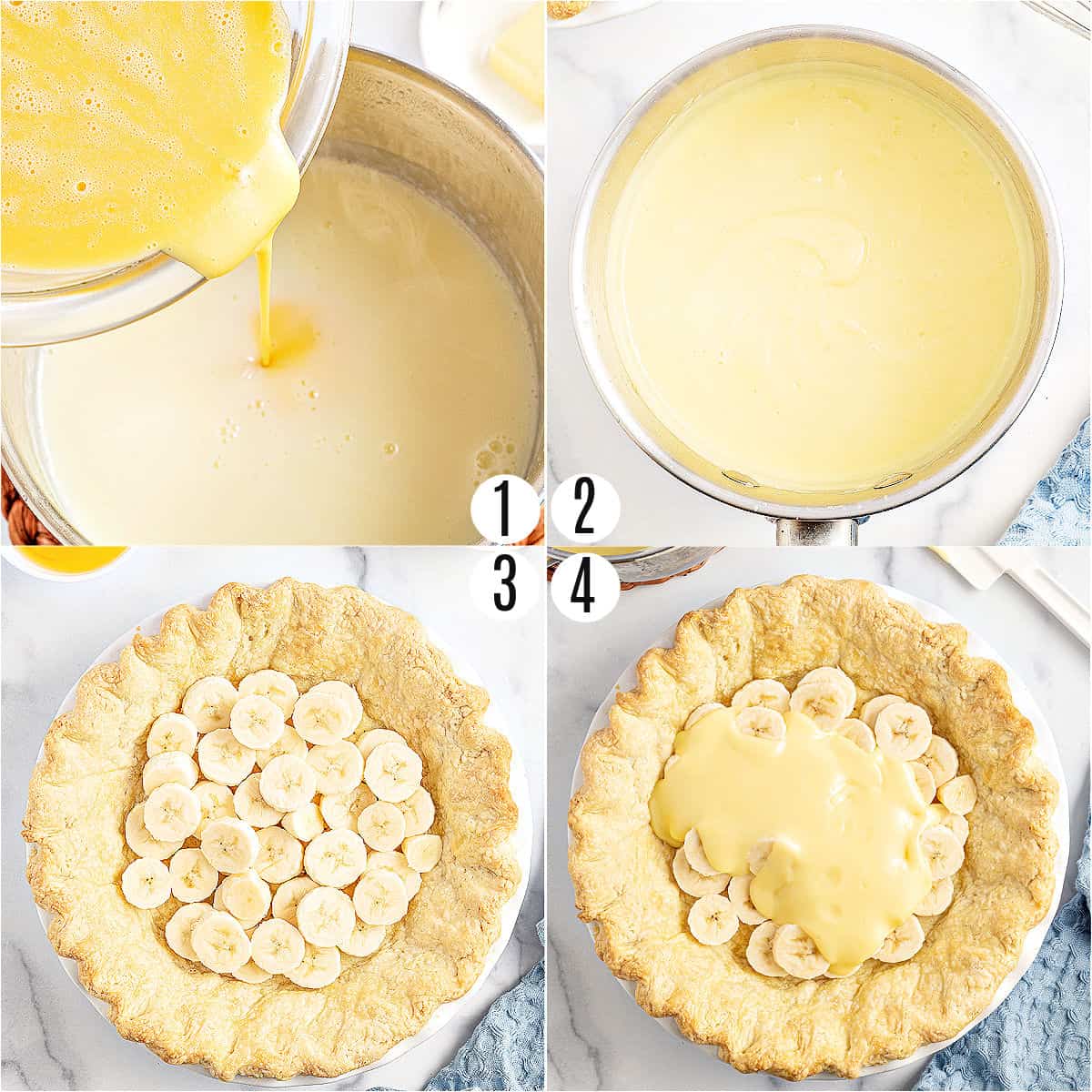 Step by step photos showing how to make banana cream pie.