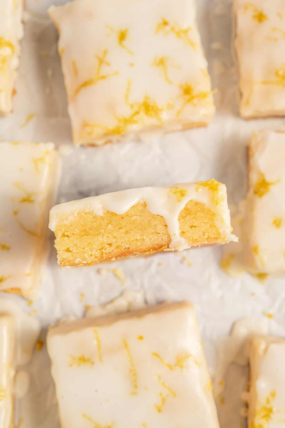 Lemon brownies cut into squares.