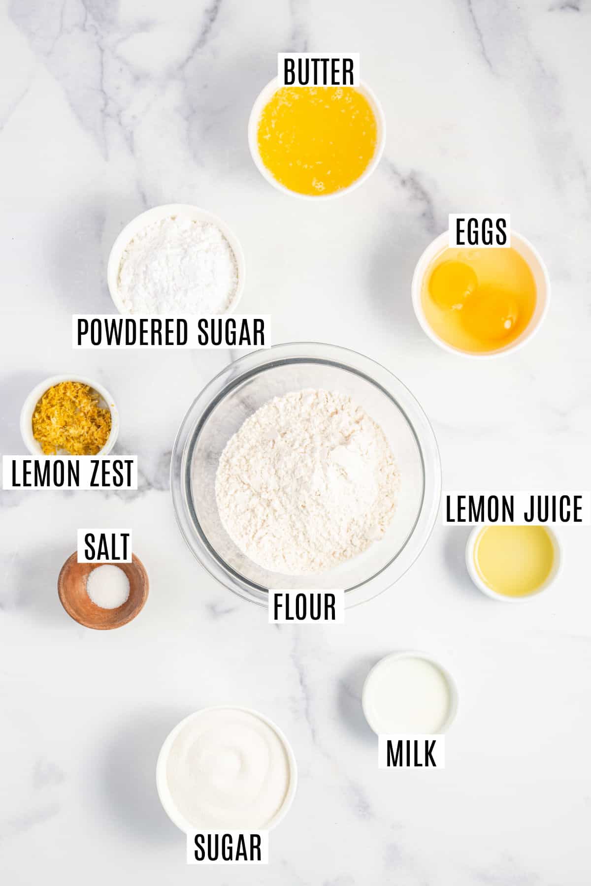 Ingredients needed to make lemon brownies.