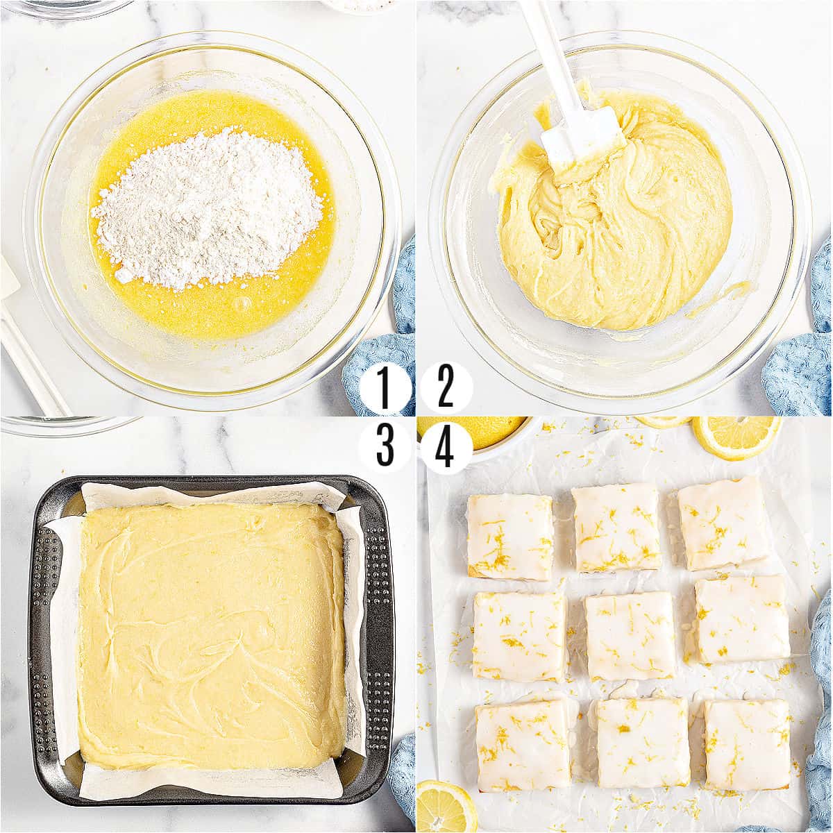 Step by step photos showing how to make lemon brownies.