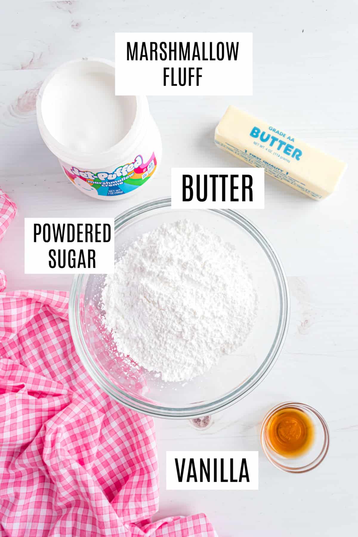 Ingredients needed to make marshmallow fluff frosting.