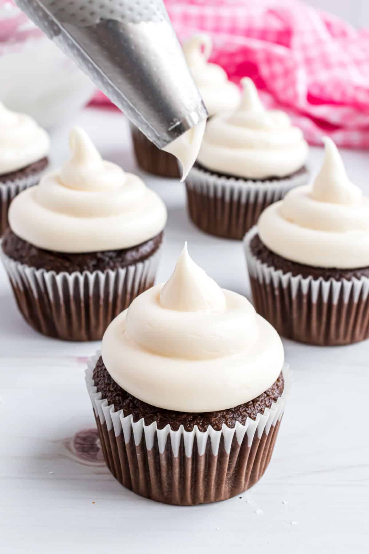 Chocolate cupcakes with marshmallow frosting.